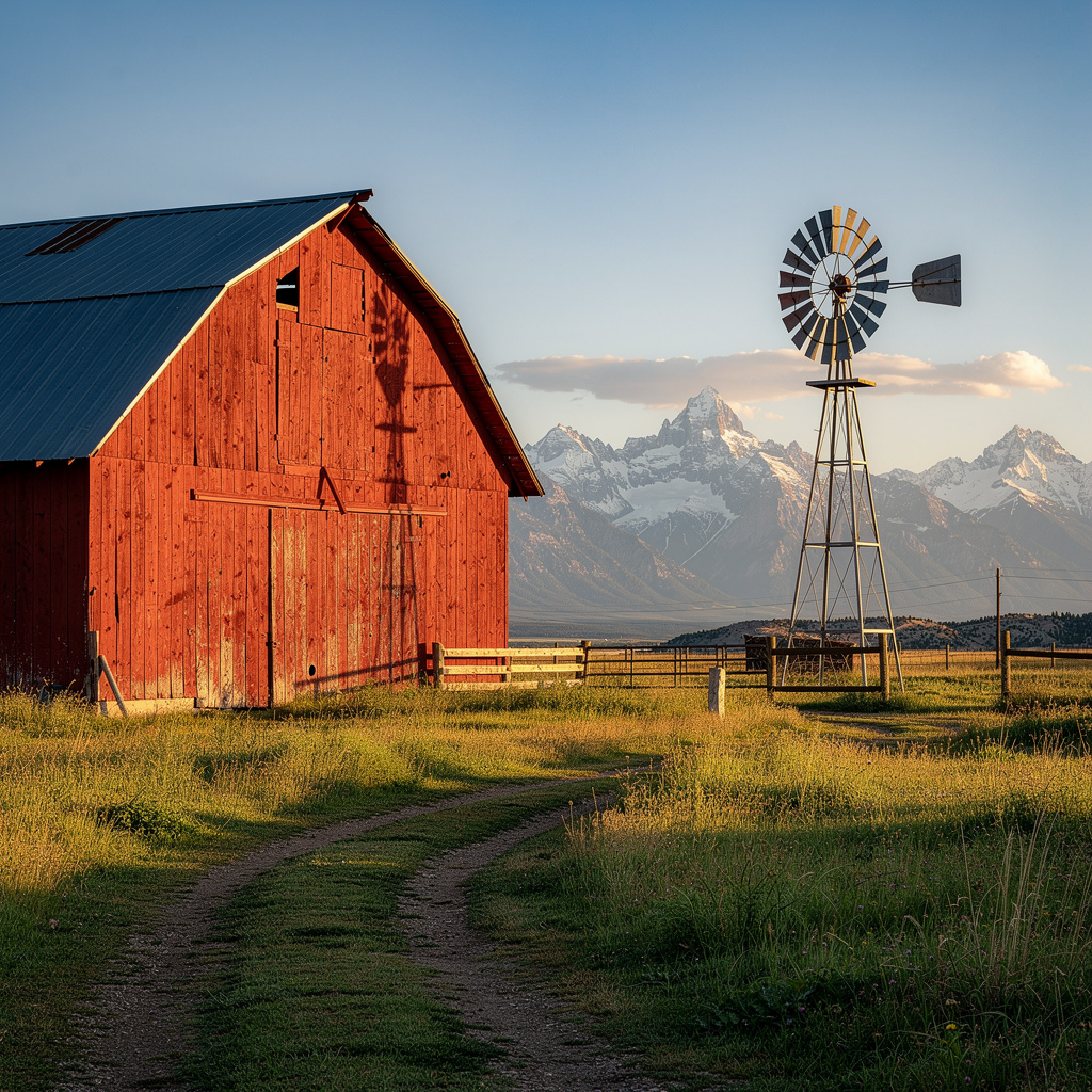 A landscape with a red barn in the foreground at large scale