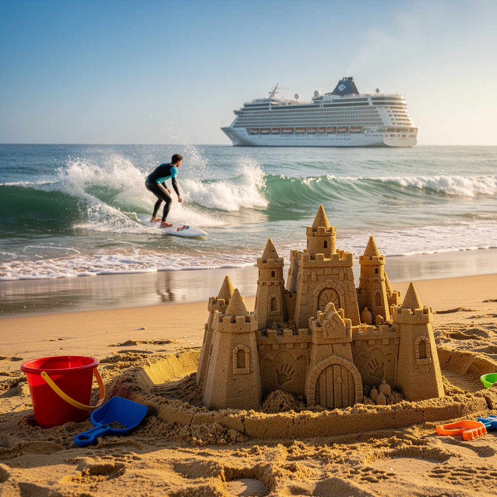 A beach scene with a sandcastle in the foreground, a surfer 