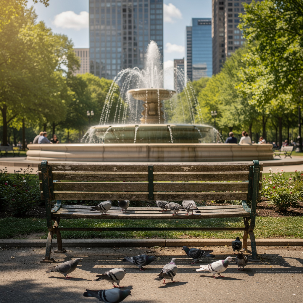A city park with a park bench and pigeons in the foreground,