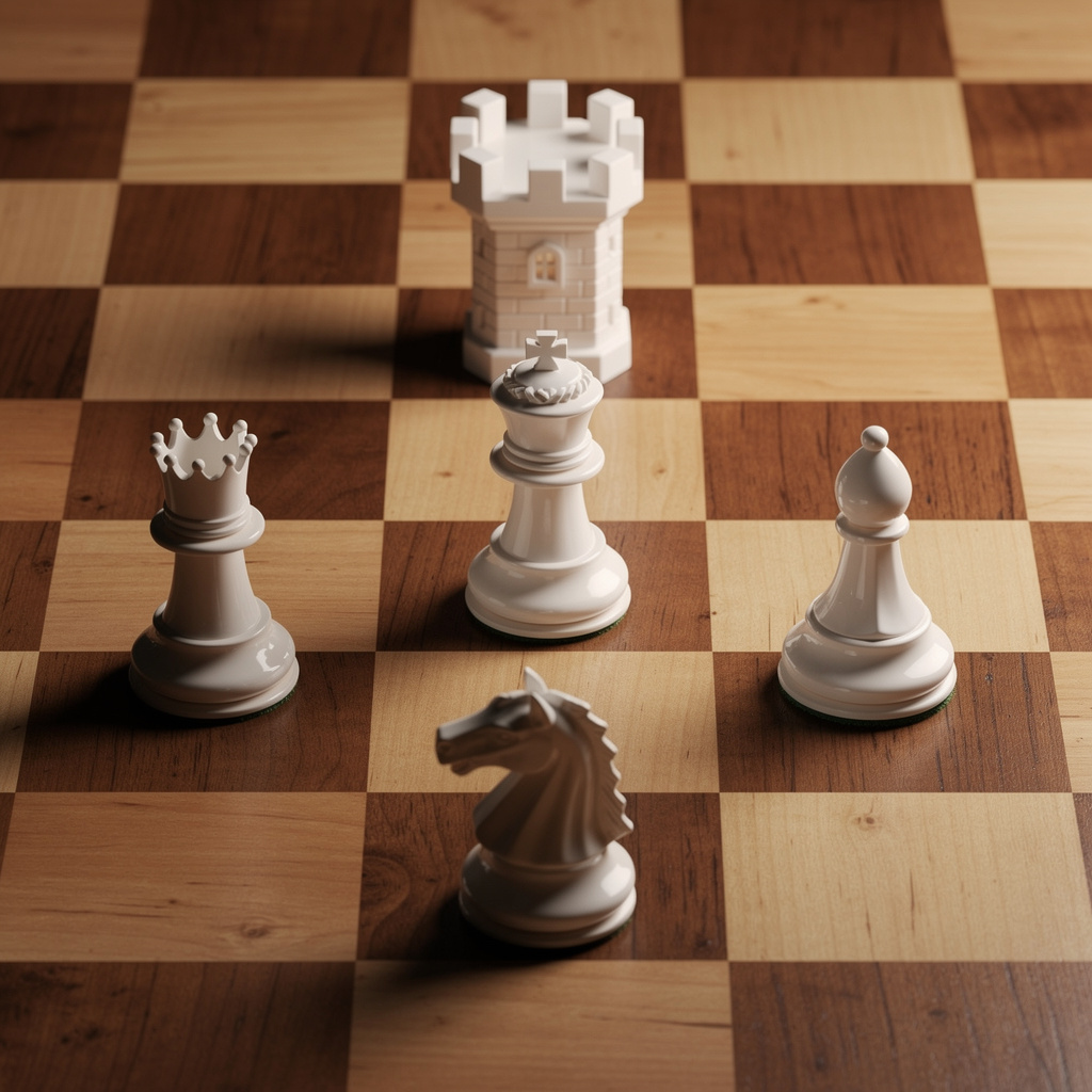 Five chess pieces on a board: a king in the center, a queen 