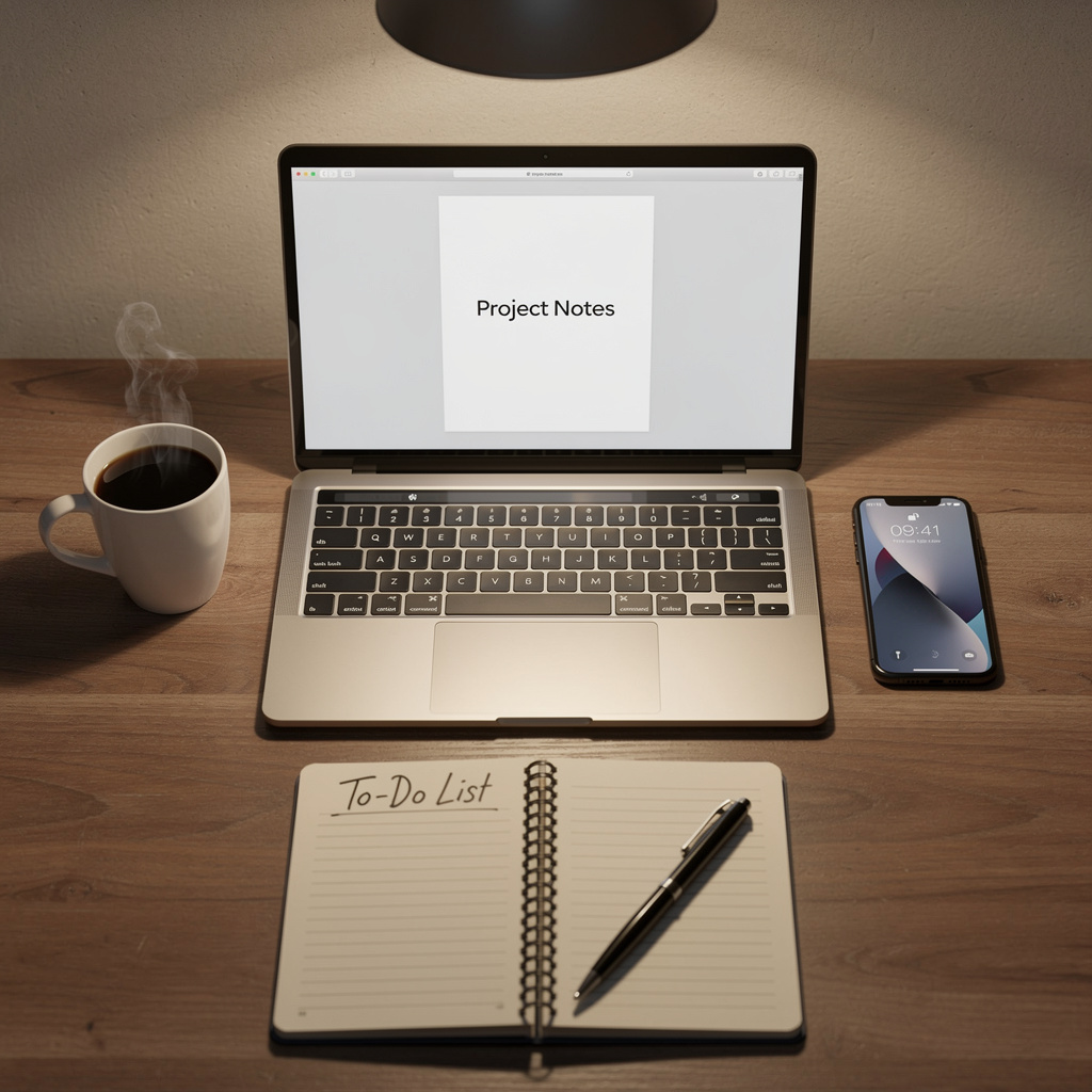 A desk scene: laptop in the center, coffee mug to the left, 