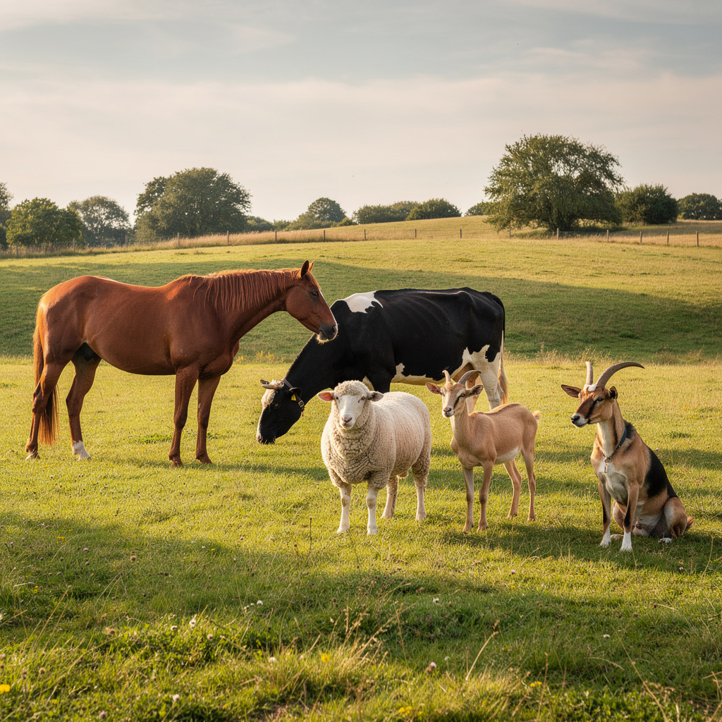 Five animals in a field: a horse on the far left, a cow to t