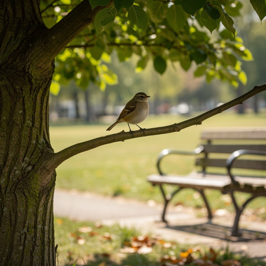 A bird perched on a branch, the branch extending from a tree