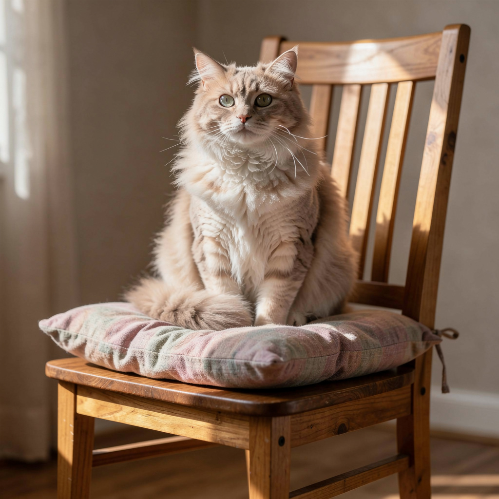 A cat sitting on a pillow, the pillow placed on a wooden cha