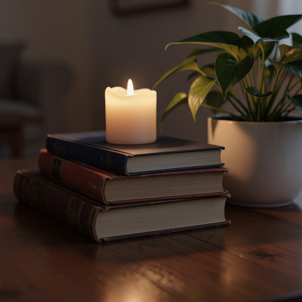 A candle on top of a stack of books, the books next to a pot