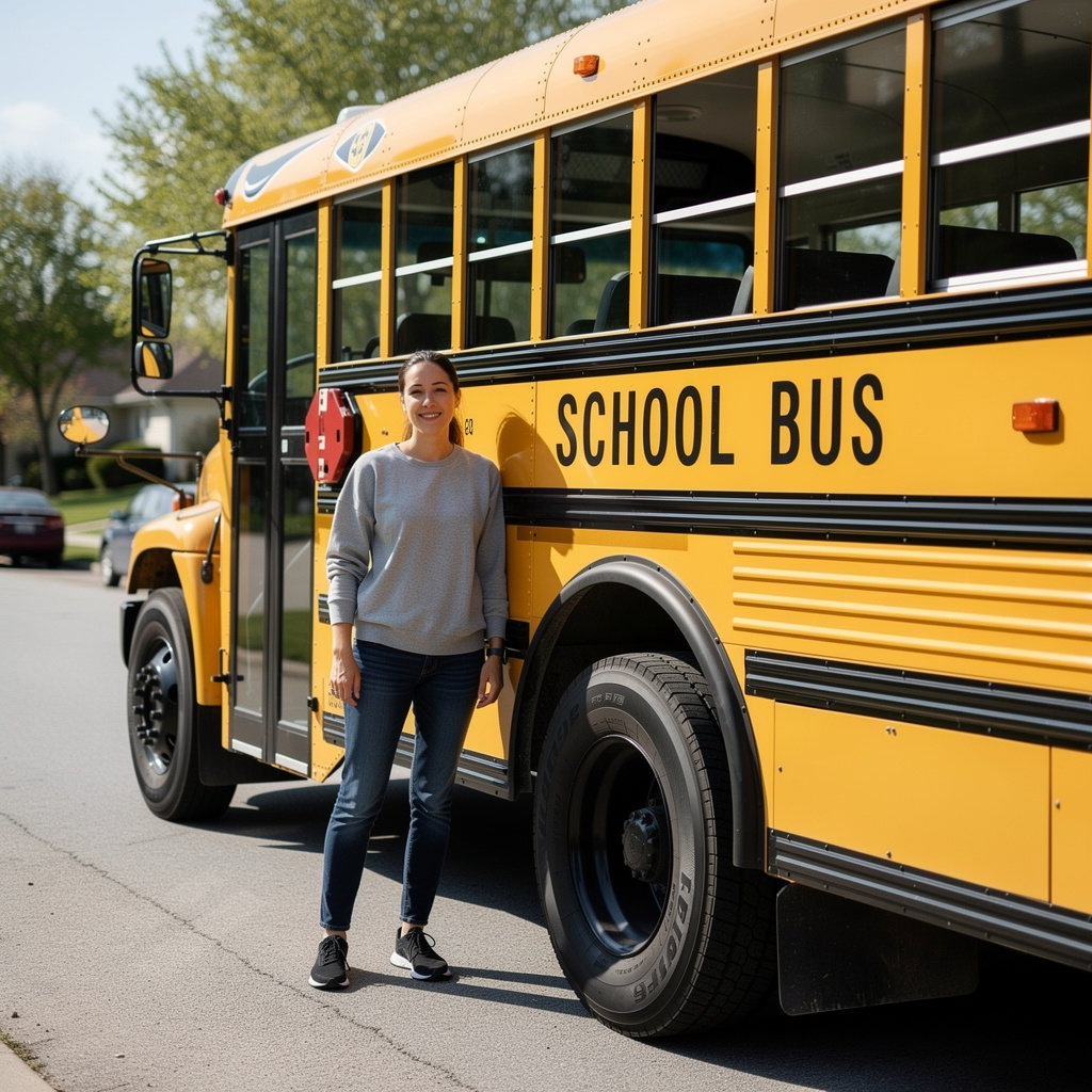 A person standing next to a yellow school bus, showing reali