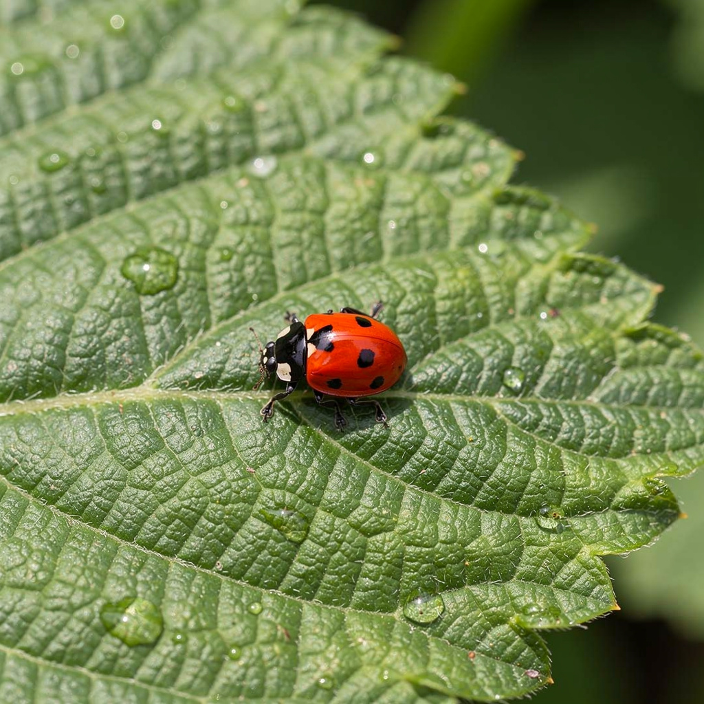 A ladybug sitting on a large green leaf, shown at realistic 