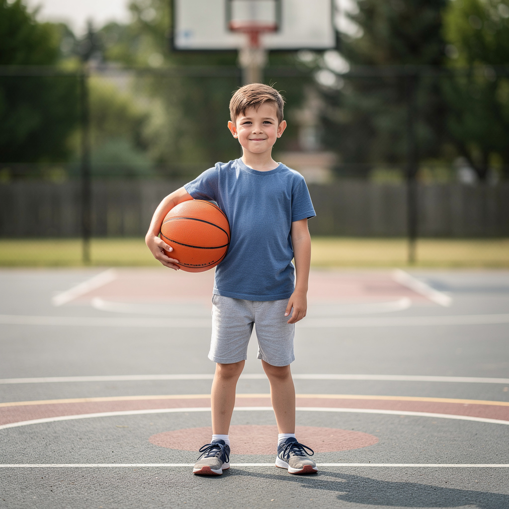 A child holding a basketball, both at correct relative sizes