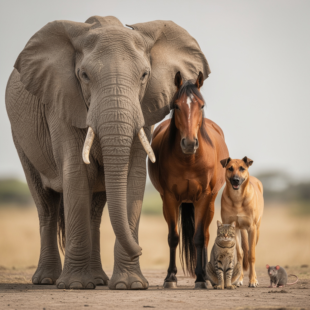 A group photo of an elephant, a horse, a dog, a cat, and a m