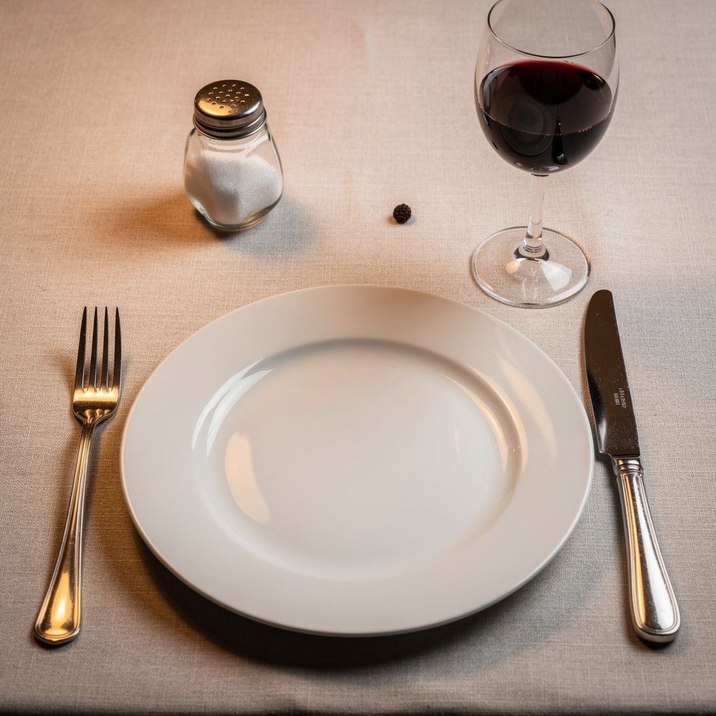 A dinner table scene with a plate, fork, knife, wine glass, 