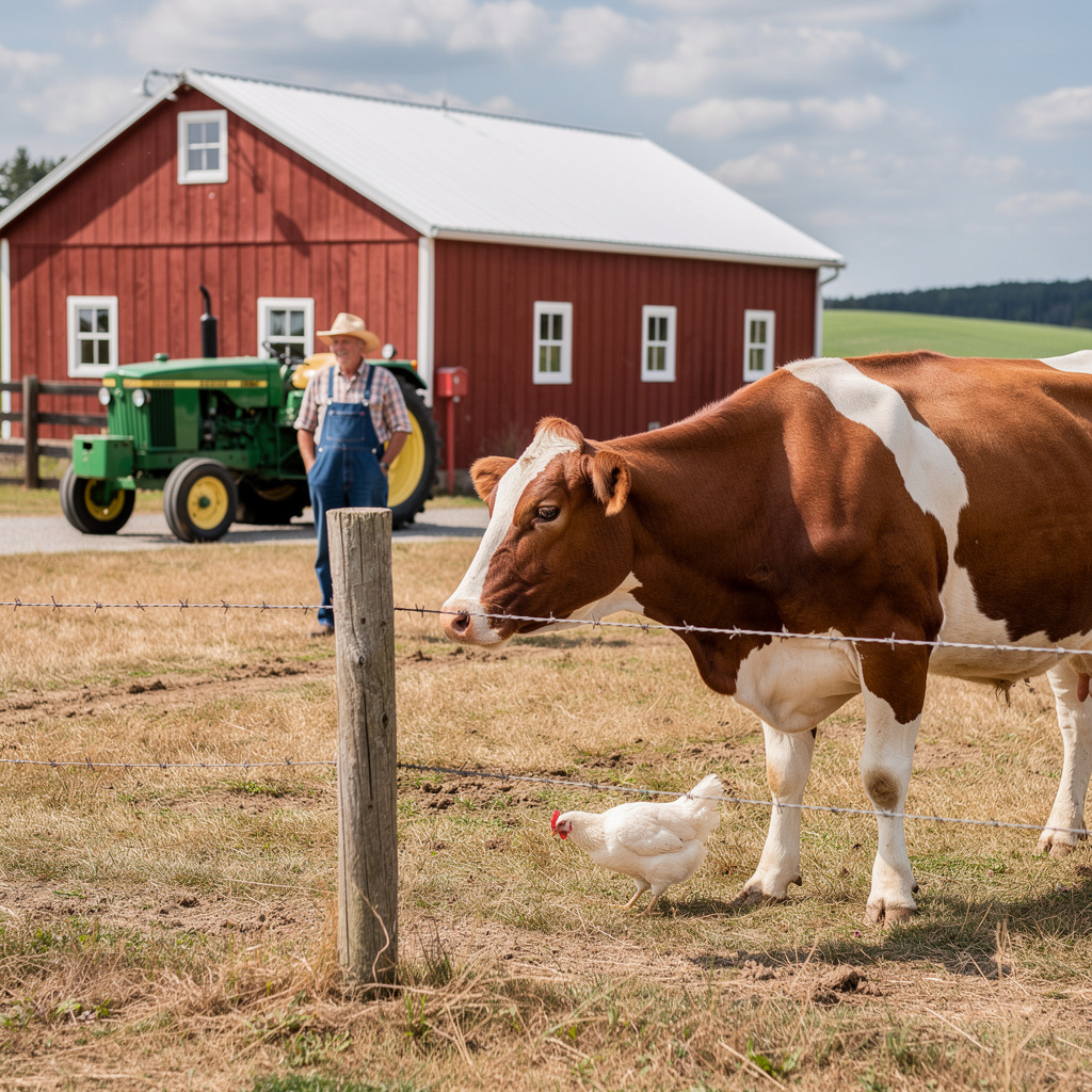 A farm scene with a barn, tractor, farmer, cow, chicken, and