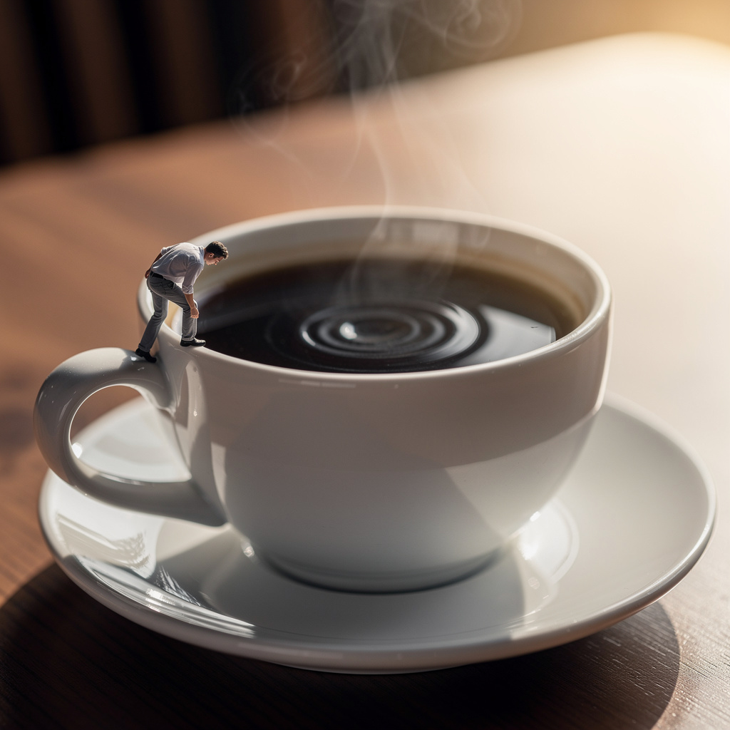 A tiny person standing on the rim of a coffee cup, looking d