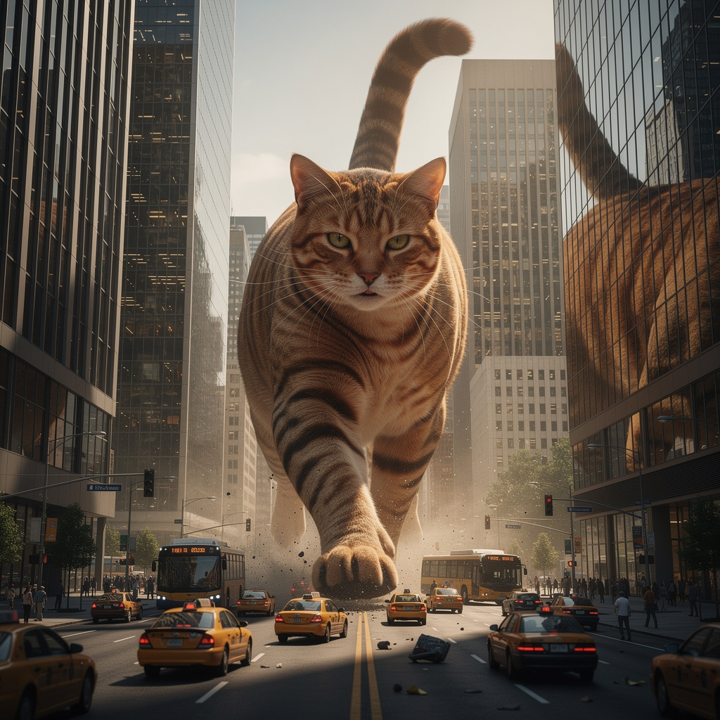 A giant tabby cat walking between city skyscrapers like a ka