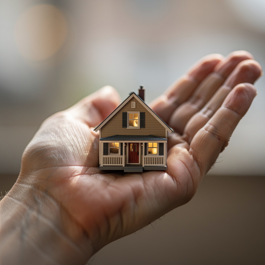 A miniature house sitting on the palm of someone's hand