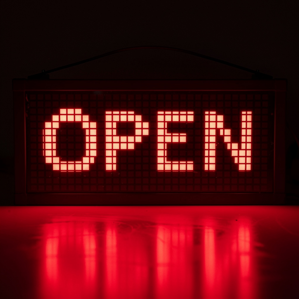 The word 'OPEN' displayed on a red LED sign with glowing pix