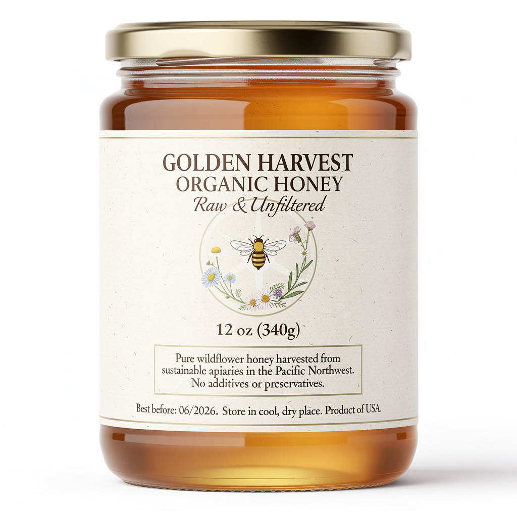 A product label for 'GOLDEN HARVEST ORGANIC HONEY' with subt
