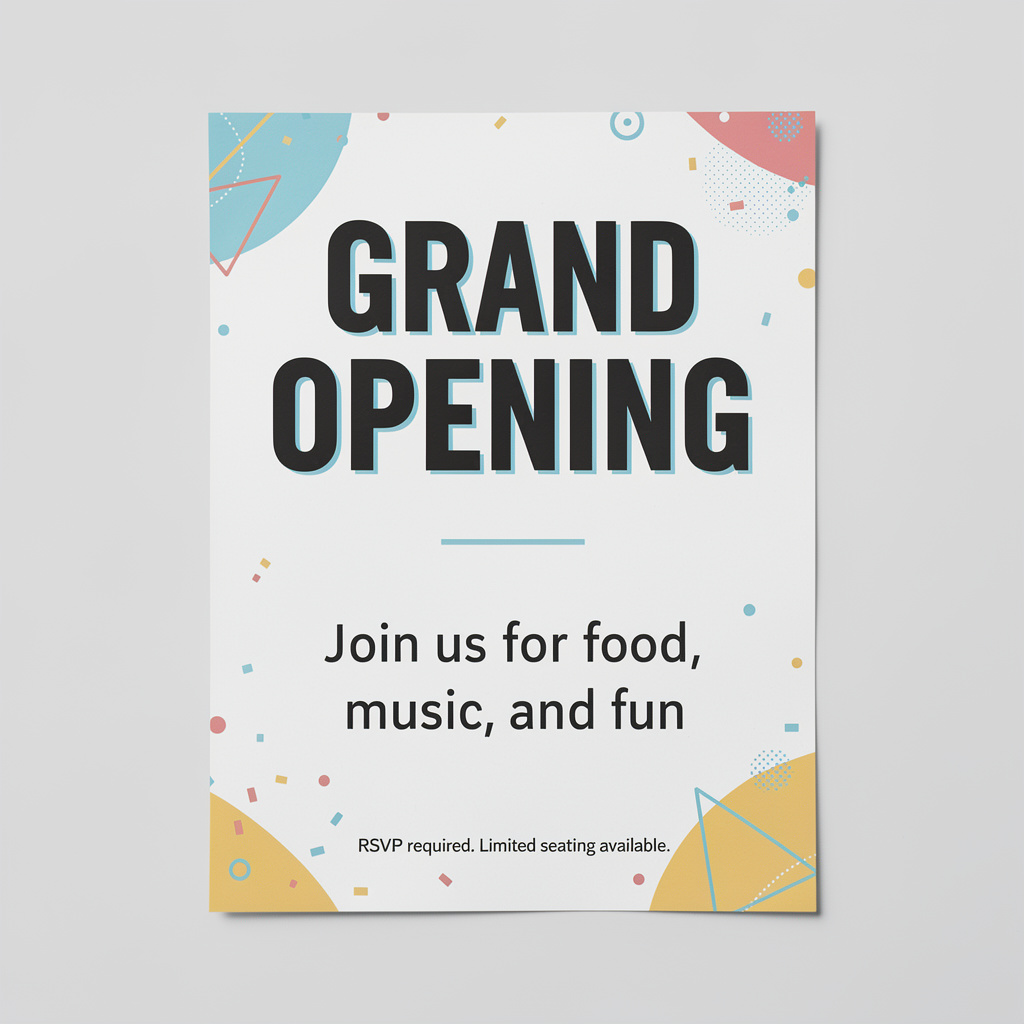 A flyer with large title 'GRAND OPENING', subtitle 'Join us 