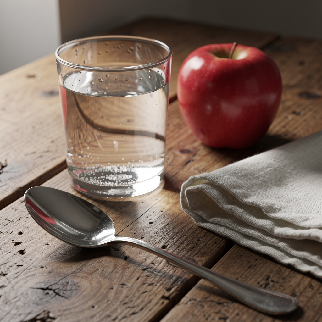 A still life on a wooden table featuring a clear glass of wa