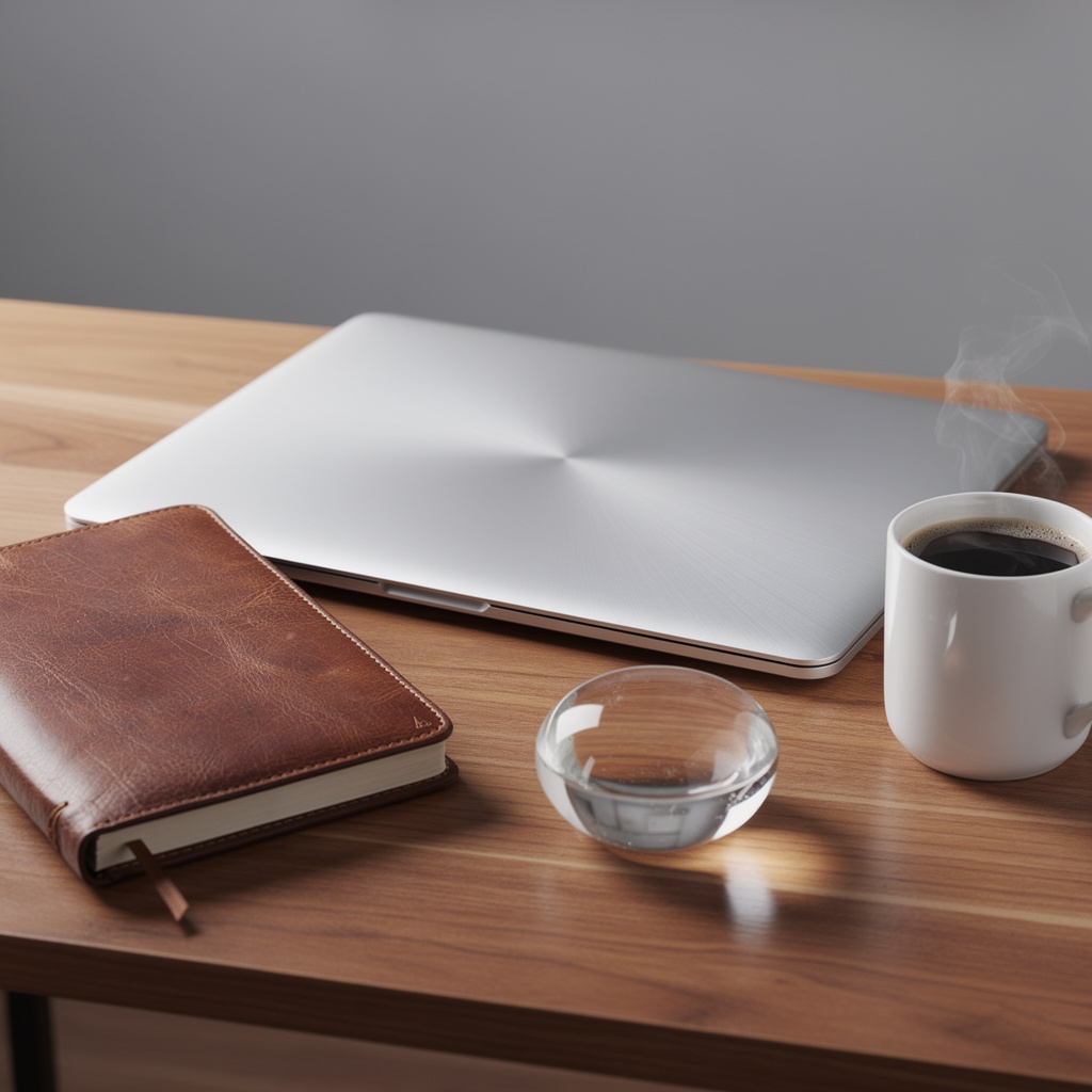 A workspace desk with a brushed aluminum laptop, a leather-b