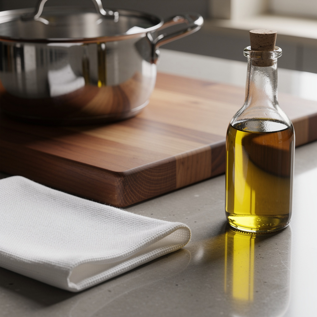 A kitchen counter with a stainless steel pot, a wooden cutti