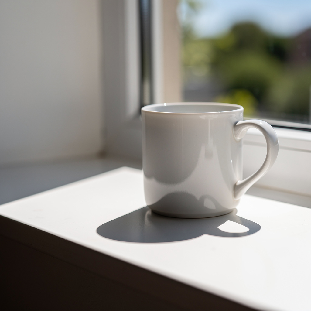 A coffee mug on a sunny windowsill casting a sharp shadow to