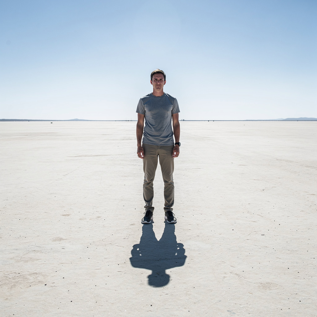 A person standing outdoors at midday with a short shadow dir