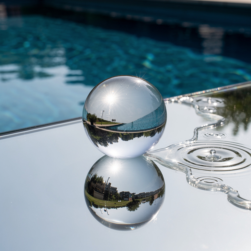 A clear glass sphere sitting on a mirror surface near a pool