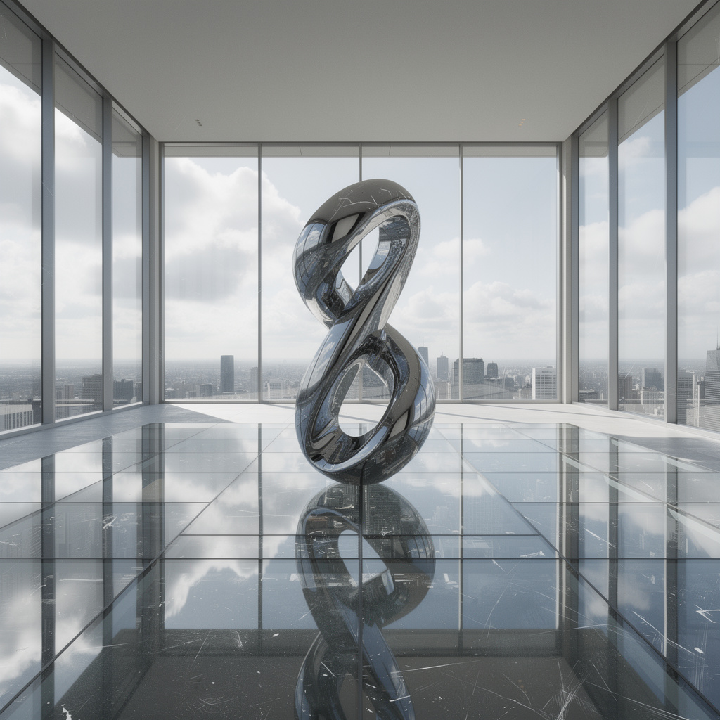 A chrome sculpture in a room with a glass floor and large wi