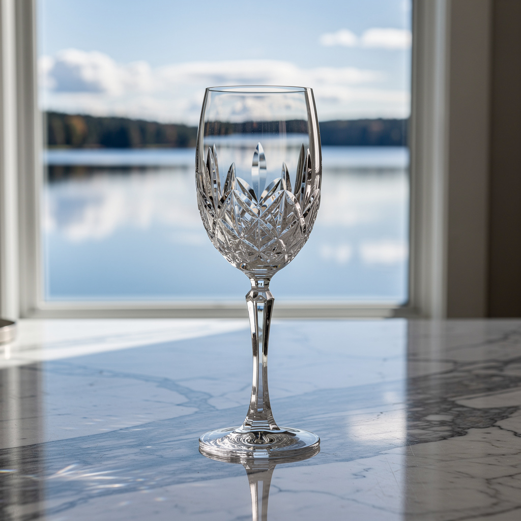 A crystal wine glass on a polished marble counter next to a 