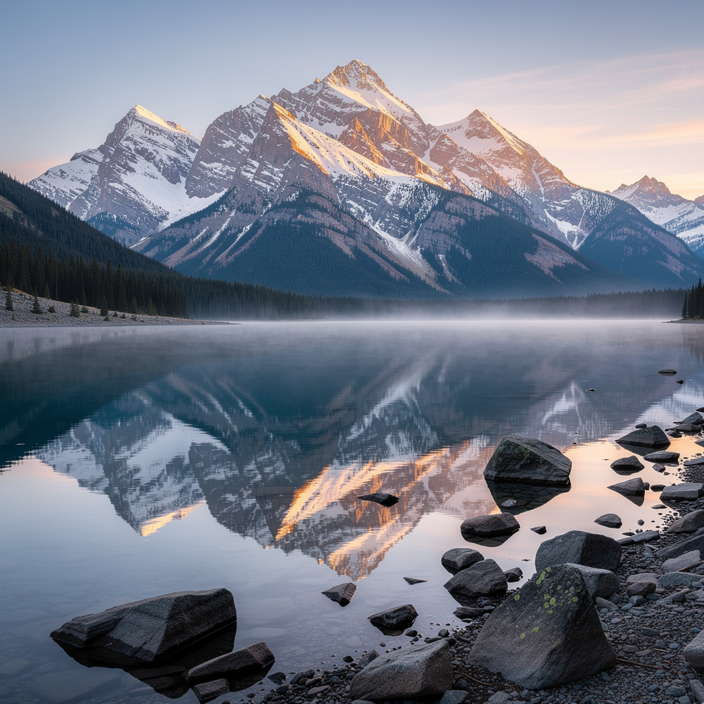 A mountain range reflected in a still alpine lake, with the 