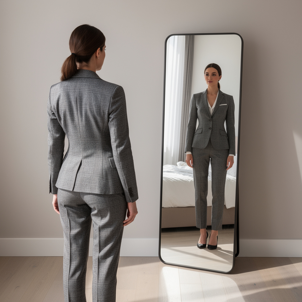 A woman standing in front of a full-length mirror, her refle