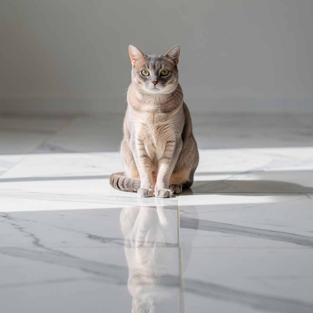 A cat sitting on a polished marble floor with its reflection