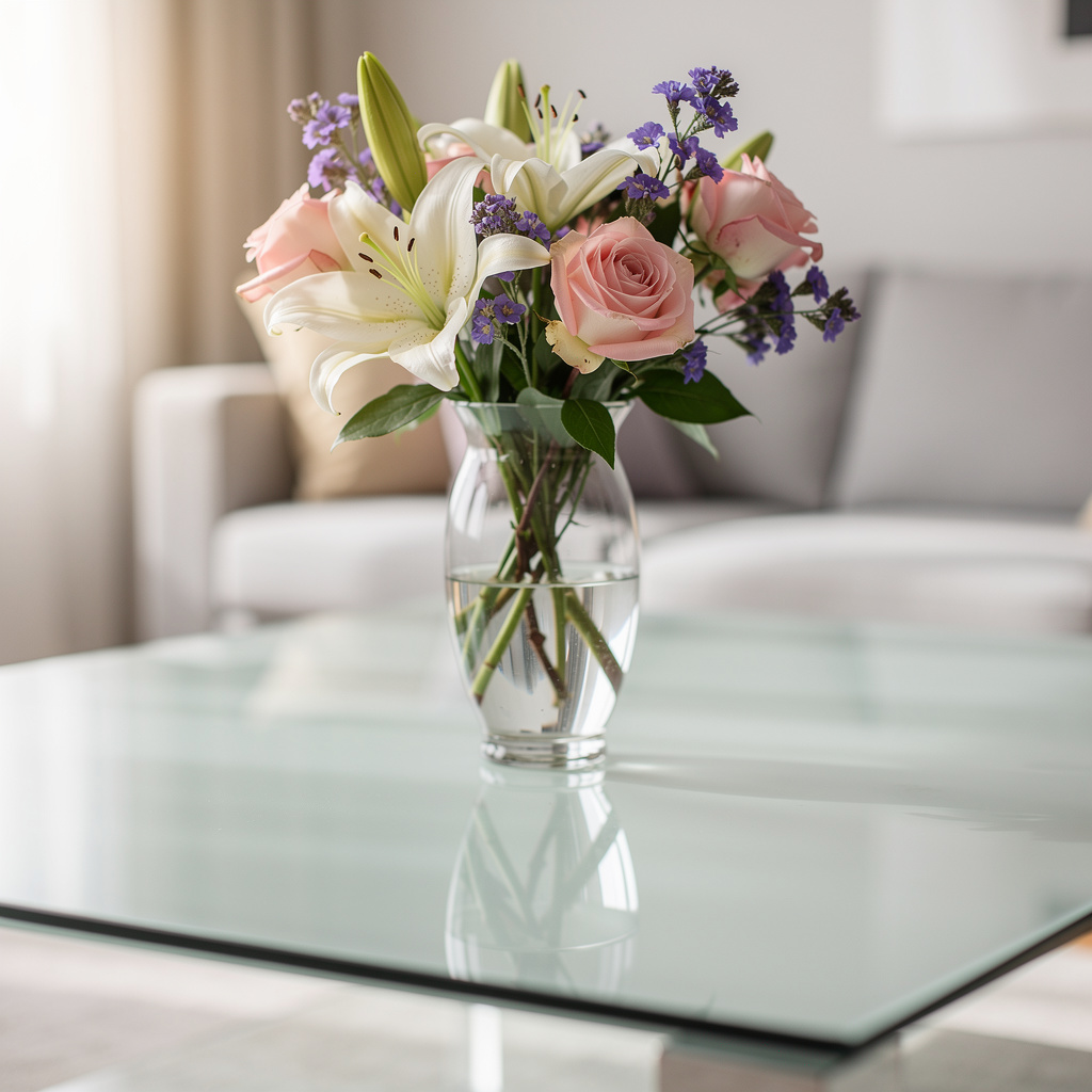 A vase of flowers on a glass table with a clear reflection v