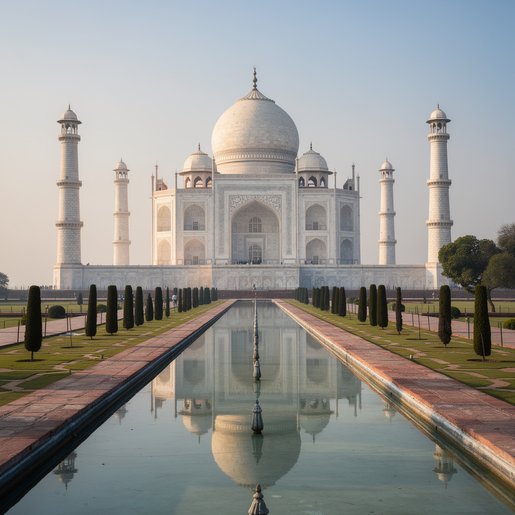 The Taj Mahal in Agra seen from the reflecting pool, with ac