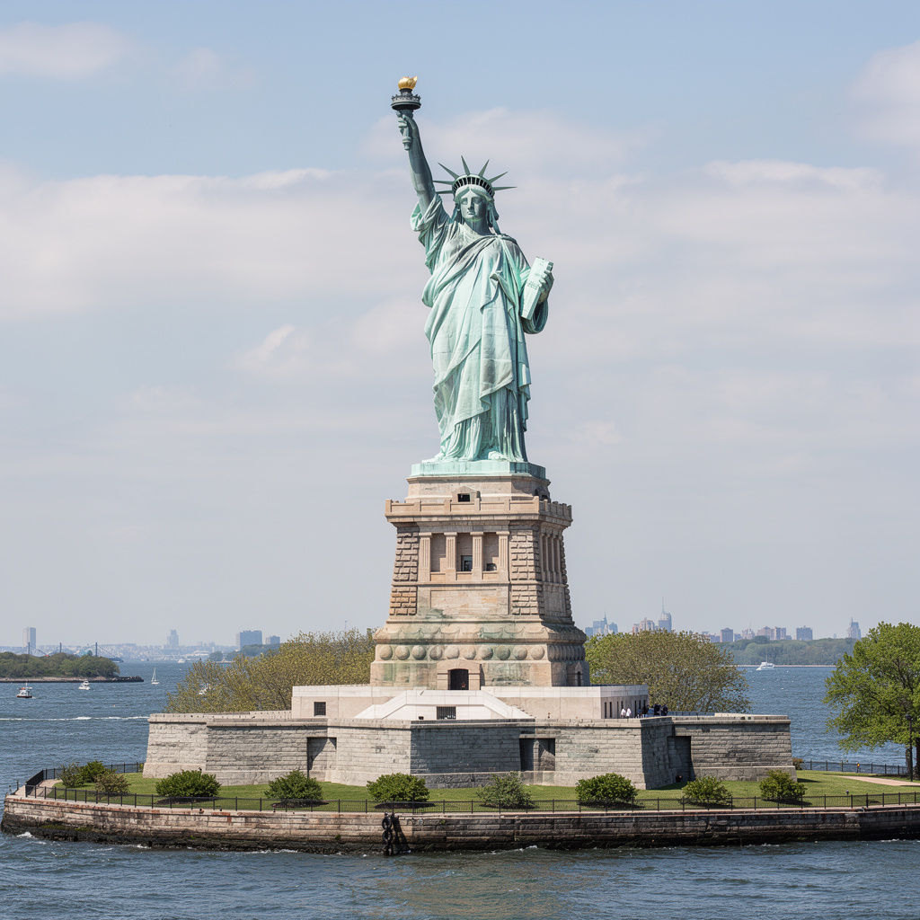 The Statue of Liberty on her island pedestal, with correct t