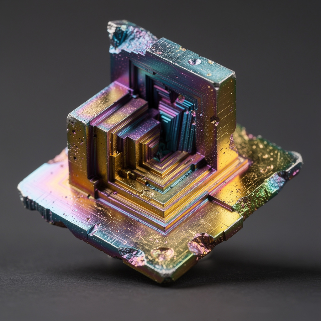 A specimen of bismuth crystal showing accurate iridescent ox