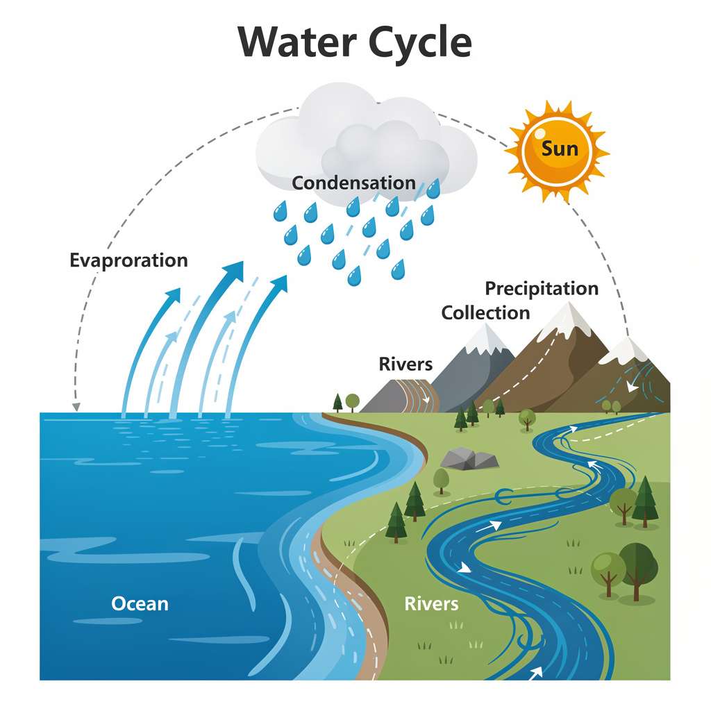 A detailed diagram of the water cycle showing evaporation fr