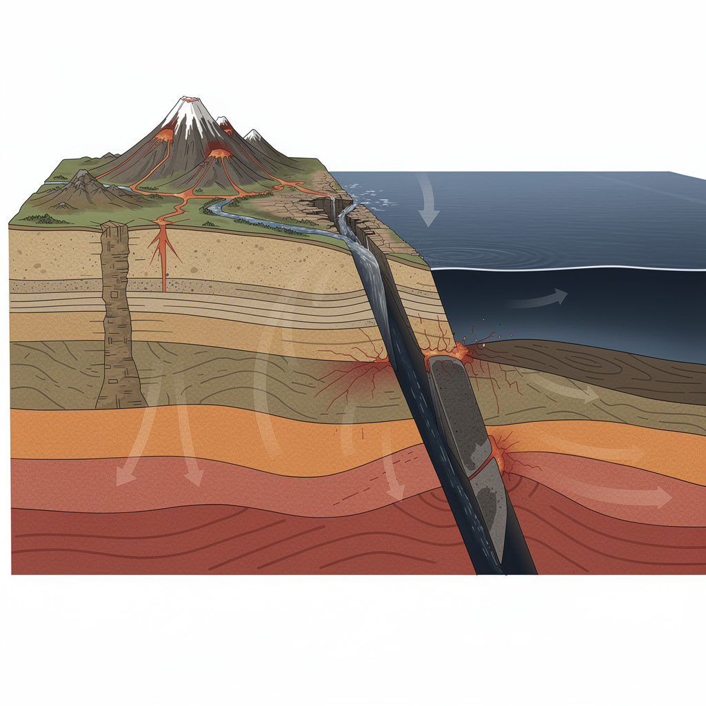 A cross-section showing tectonic plates at a convergent boun