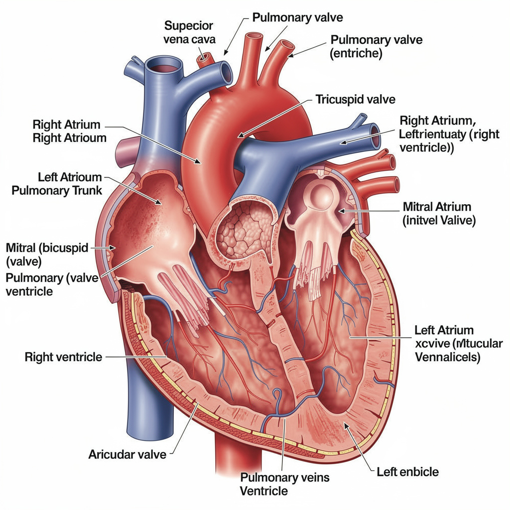 An anatomical illustration of the human heart showing four c