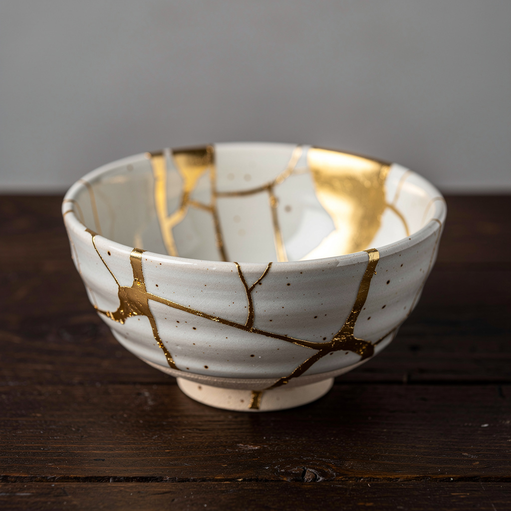 A Japanese kintsugi bowl — cracked ceramic repaired with vis