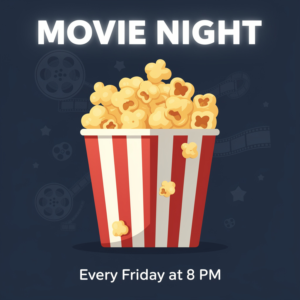 A movie night poster with a large popcorn image in the cente
