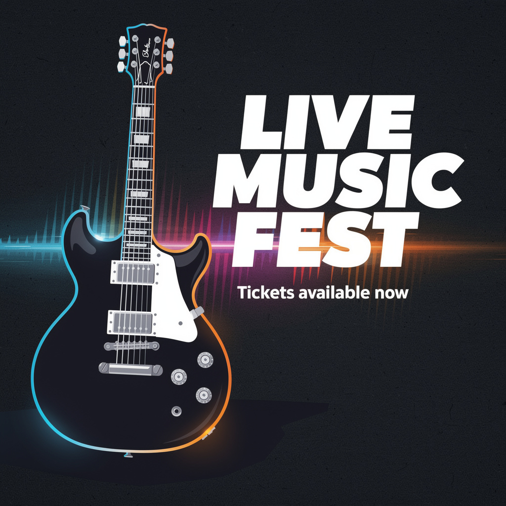 An event poster featuring a guitar illustration, the headlin