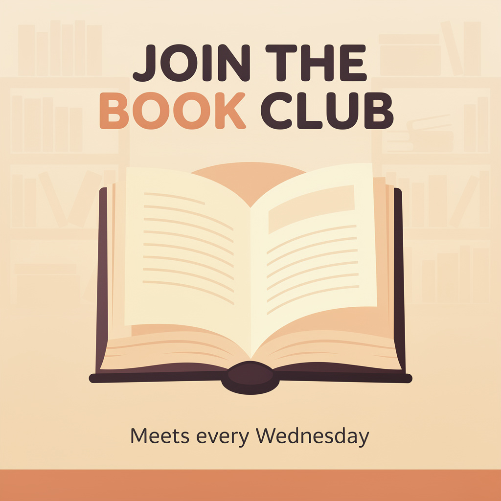 A book club poster with an open book illustration, the title