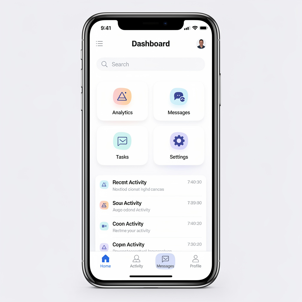 A mobile app UI mockup showing a dashboard with a top naviga