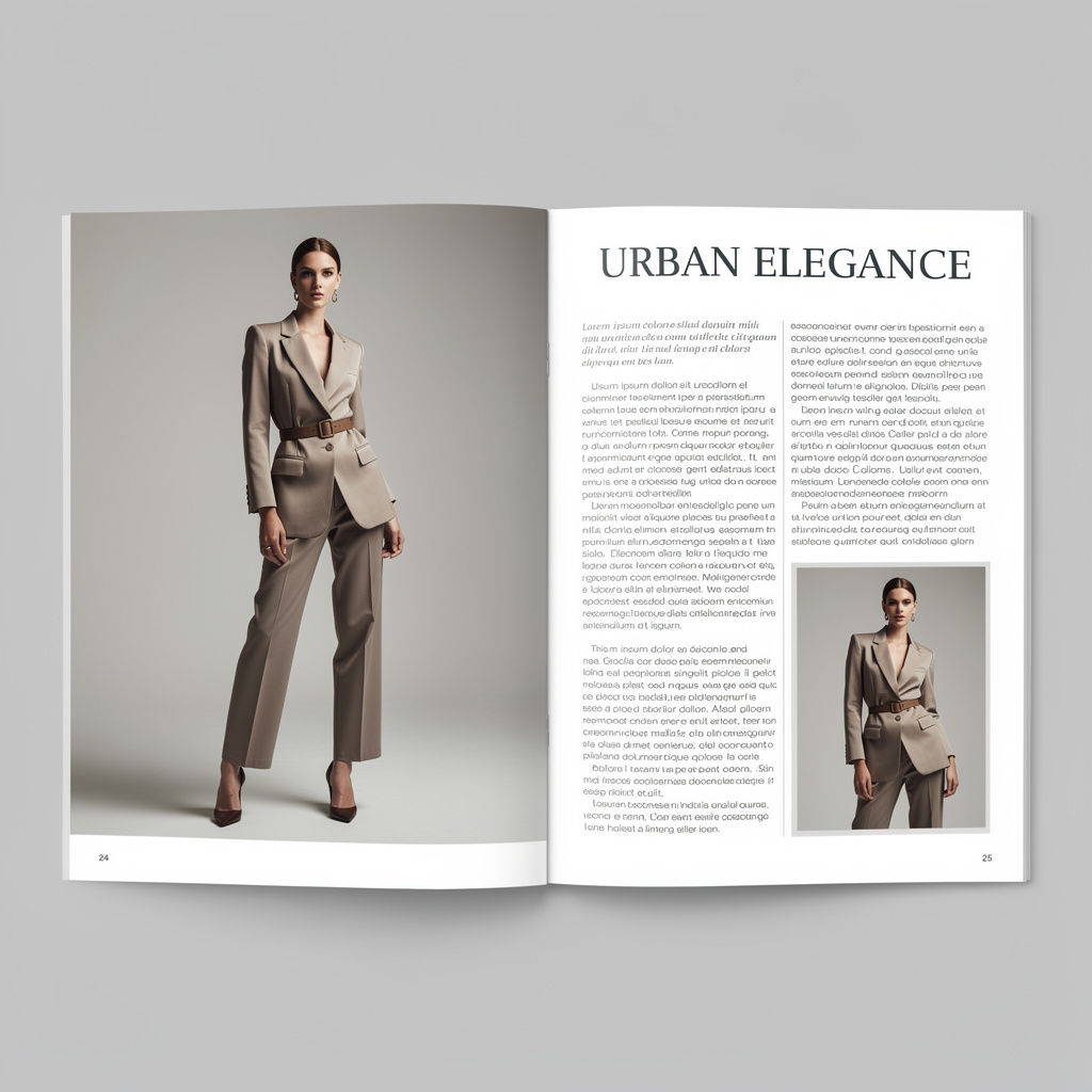 A fashion magazine spread with a full-bleed left-page photo,