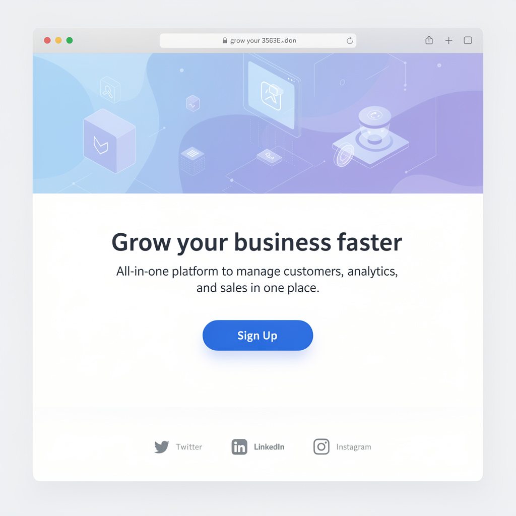 A landing page design with a hero header image at the top, a