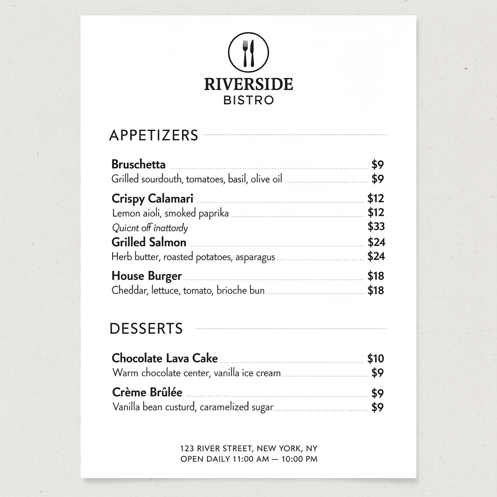 A restaurant menu layout with a logo header, three category 