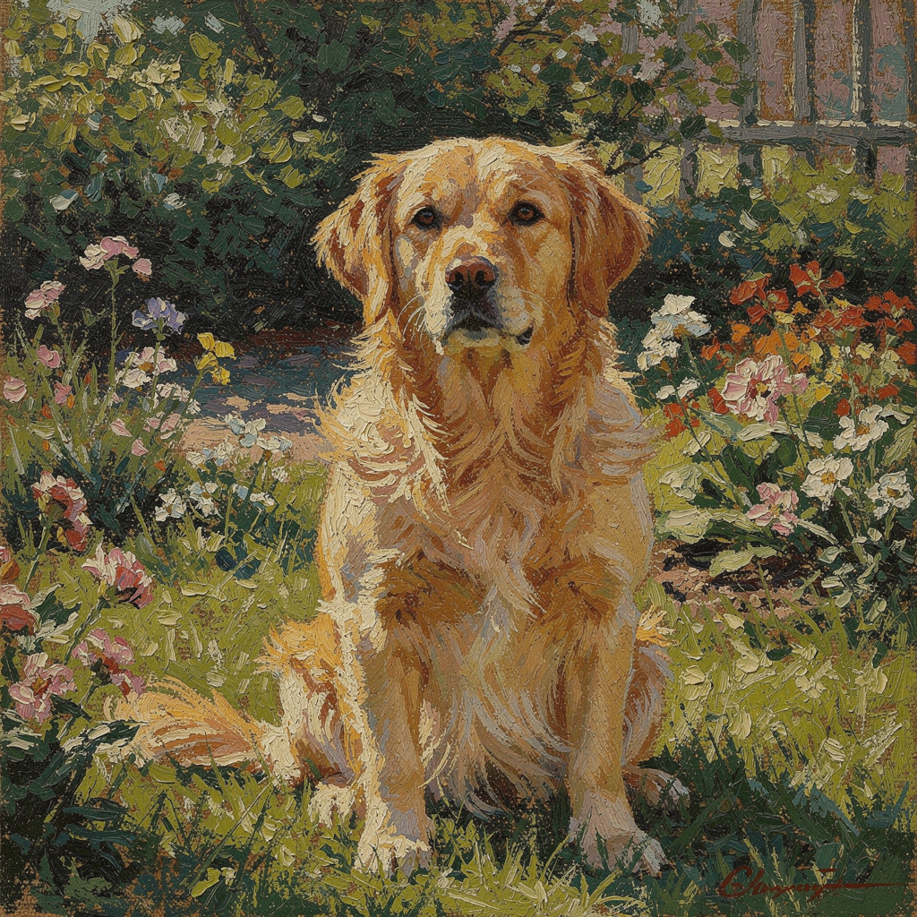 A golden retriever sitting in a garden, painted in the style