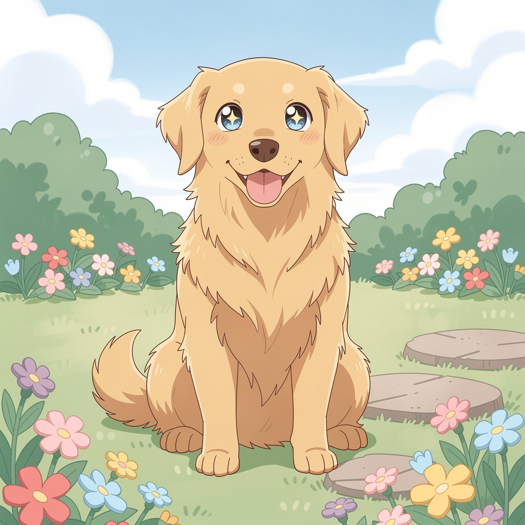 A golden retriever sitting in a garden, rendered in Japanese