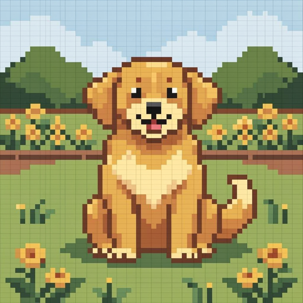 A golden retriever sitting in a garden, rendered in pixel ar